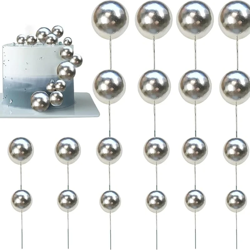 20 PCS sliver Balls Cake Decorations faux Ball Cake Toppers for Wedding Anniversary Birthday Baby Shower Decoration
